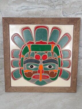 Vintage Steve Tongier "Kwakiutl - Eagle Mask" Ceramic Tile Wooden Trivet Artwork